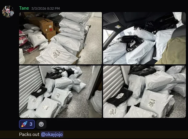 Four photos shared by Tane of packed poly mailer orders stacked in a storage unit and loaded into a car, captioned pack outs.