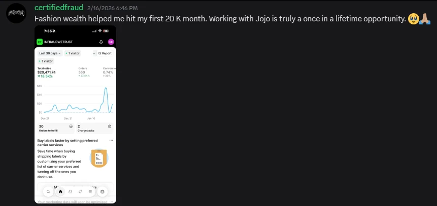 Message from certifiedfraud saying FashionWealth helped him hit his first 20K month, with a Shopify dashboard showing $20,471.74 total sales and 550 orders.