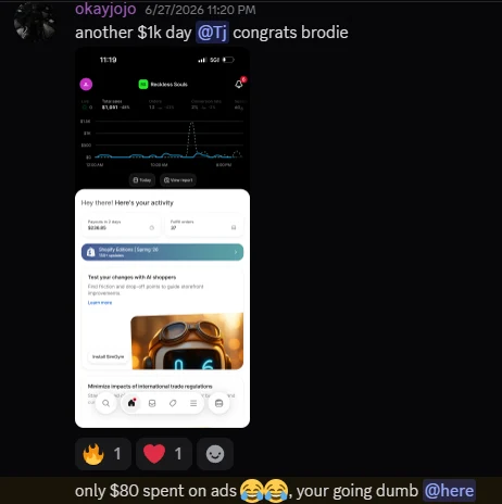 Message congratulating Tj on another $1k day, with a Shopify dashboard showing $1,801 total sales, noting only $80 spent on ads.